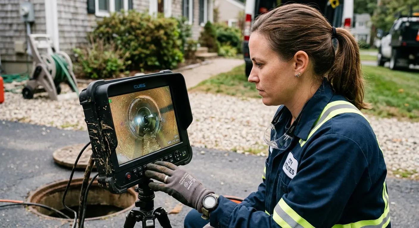 Technician reviewing sewer camera inspection footage in World Golf Village
