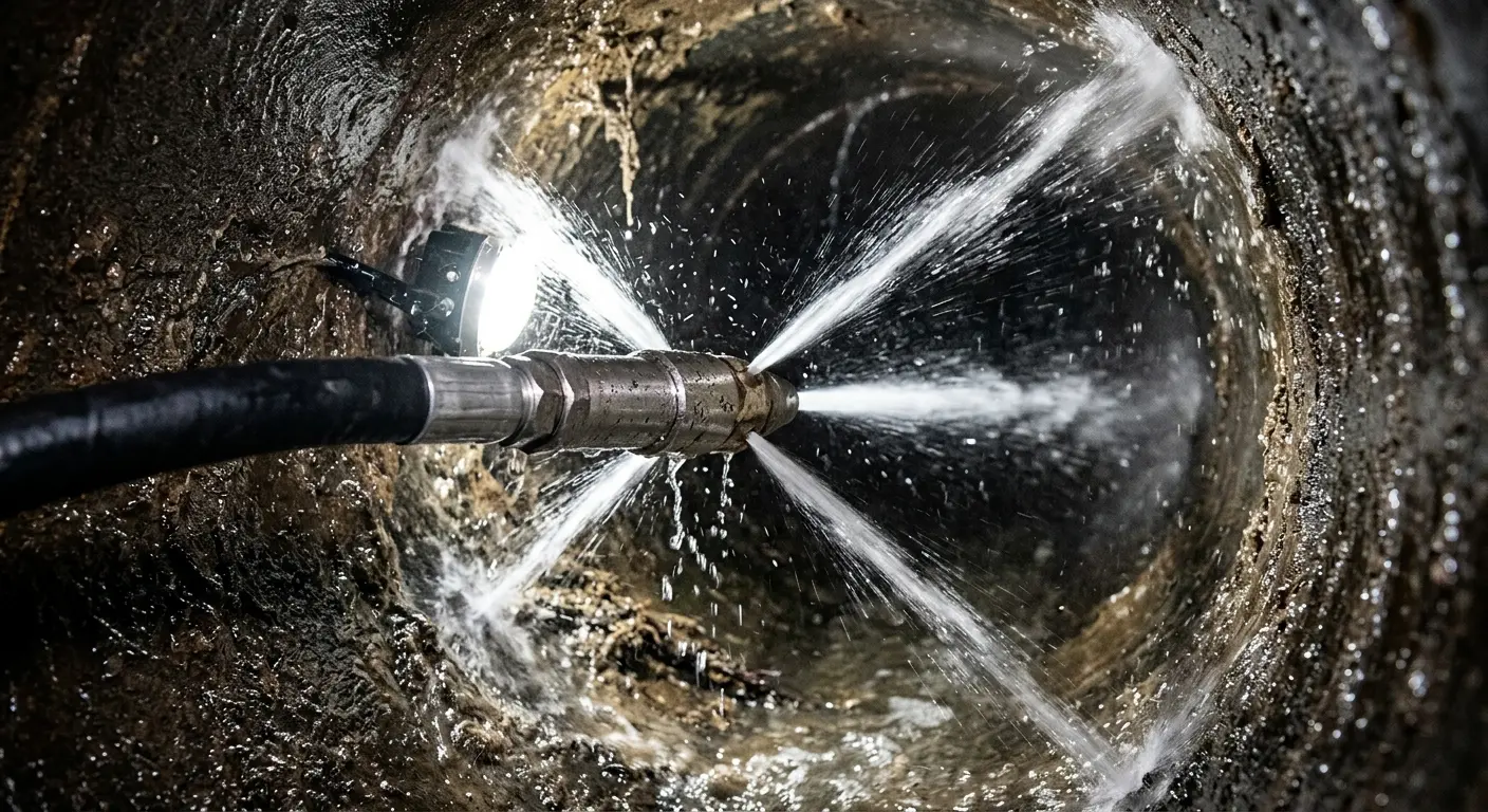 High-pressure hydro jetting nozzle cleaning sewer pipe for Trenchless Sewer Repair in World Golf Village
