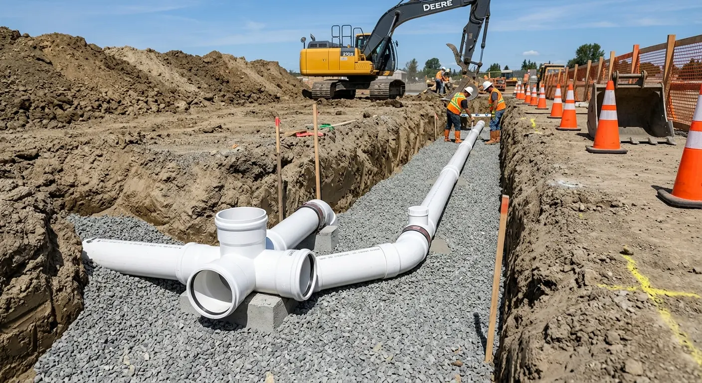 New PVC sewer pipe installation in open trench for Sewer Backup in World Golf Village