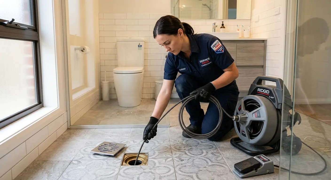 Technician clearing a bathroom floor drain for Clogged Drain Repair in World Golf Village